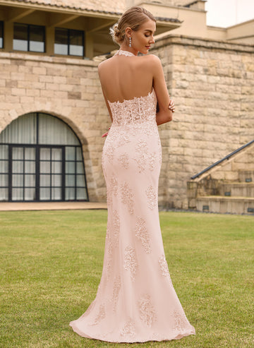 Open Back Halter V-Neck Lace Corset Mermaid Maxi Dress With Beading Slit